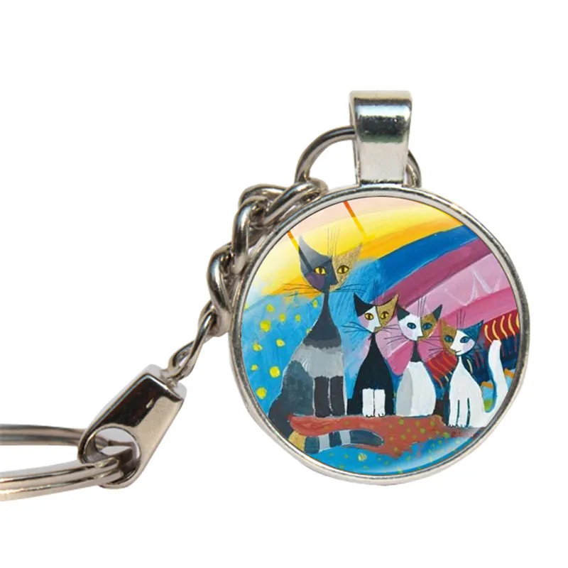 

Rosina Wachtmeister Cats Keychain Glass Cabochon Key Ring Love Animals Pets Glass Dome Key Chains Handmade Jewlery Key Holder