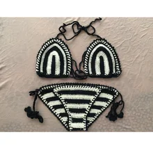 FedEx сексуальный женский Хлопковый вязаный полосатый вязаный крючком стринги Набор купальников бикини купальник ручной работы вязаный купальный костюм