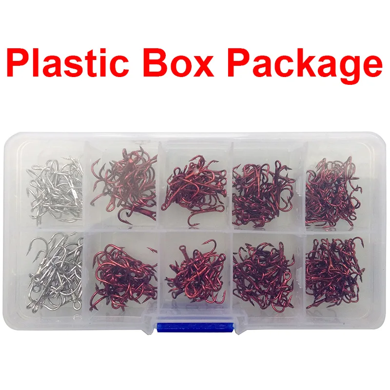 210pcs 35647 High Carbon Steel Treble Fishing Hooks Red Silver Small Round Bent Triple Hard Lure Spoon Fishing Hook Set With Box