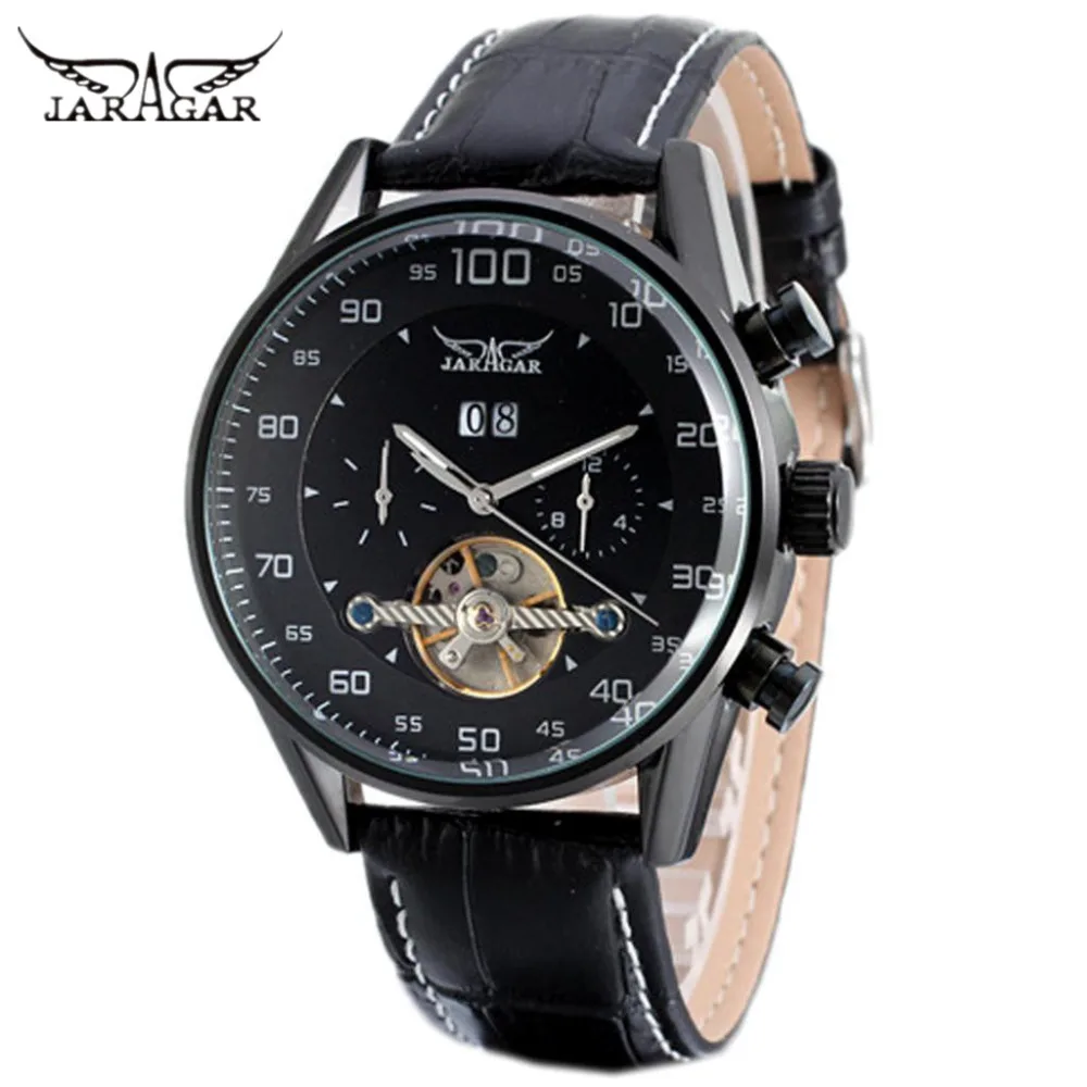 

JARAGAR Orignal Fashion Men's Day/Month Automatic Mechanical Tourbillon PU Leather Strap Wristwatch Gift Box Free Ship