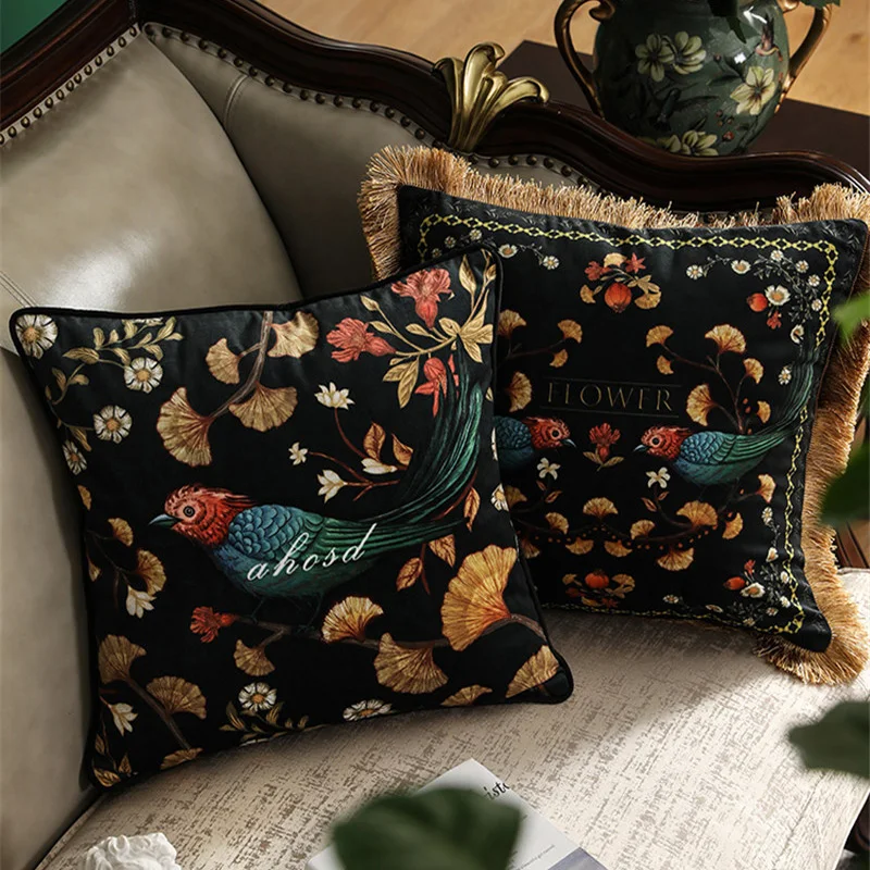 Elegant Retro Flowers Birds Pillow Cushion Cover Throw Decorative Pillows Tassel Cojines Decorativos Para Sofa Coussin Cushions