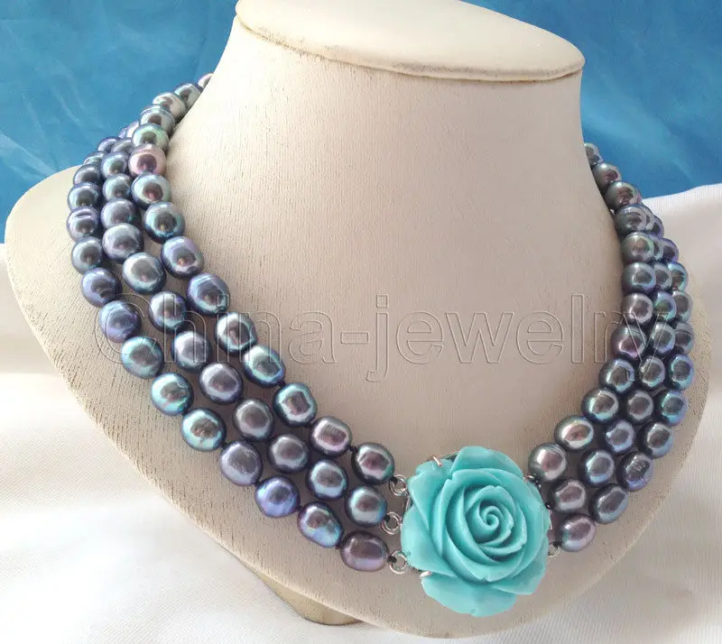 

Beautiful 17-19" 3row 9-10mm peacock green freshwater pearl necklace^^^@^Noble style Natural Fine jewe FREE SHIPPING