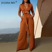 Julissa mo, 2 предмета, сексуальный бандажный комбинезон с v-образным вырезом, Женский комплект,, Осенний повседневный комбинезон с длинным рукавом и широкими штанинами, Комбинезоны