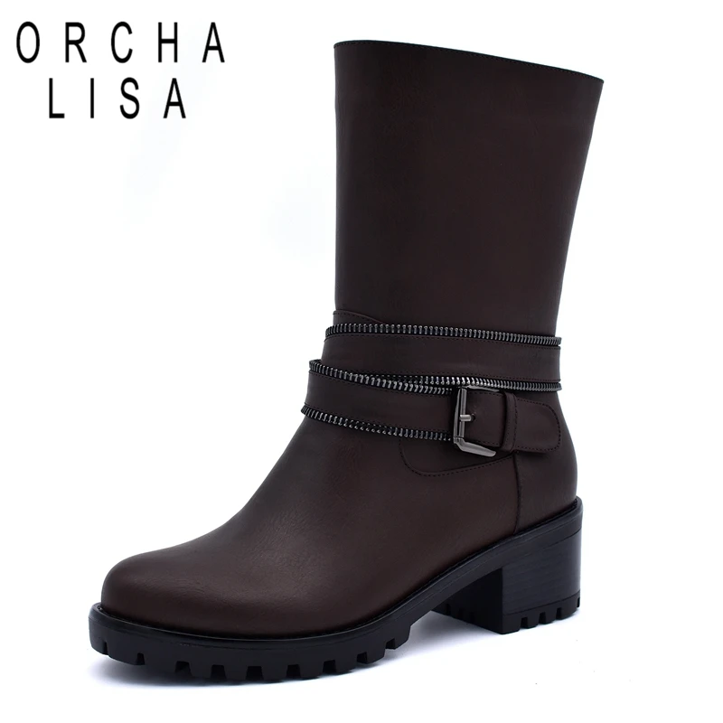 

ORCHA LISA Brand Warm Winter Buckle Boots For Woman Boot Ankle Boot Zipper Short Plush Solid Black Brown Sapatos Mujer C544