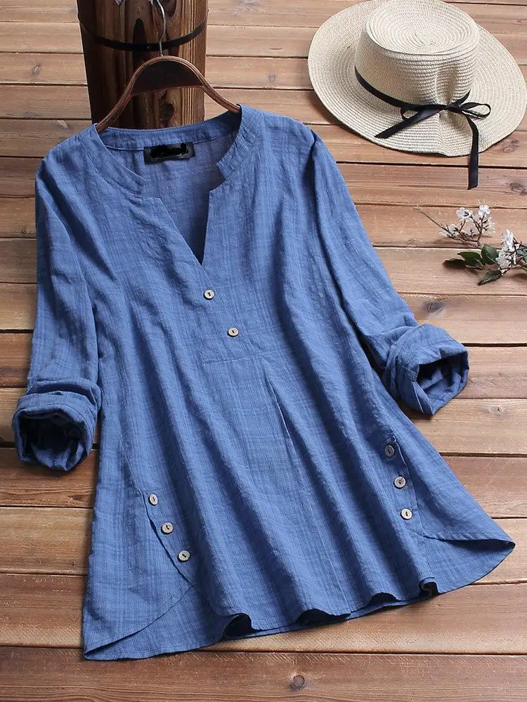 Женская рубашка большого размера из хлопка и льна размера плюс 4XL 5XL 6XL 7XL 8XL летняя свободная синяя рубашка с v-образным вырезом и длинными рукавами большого размера