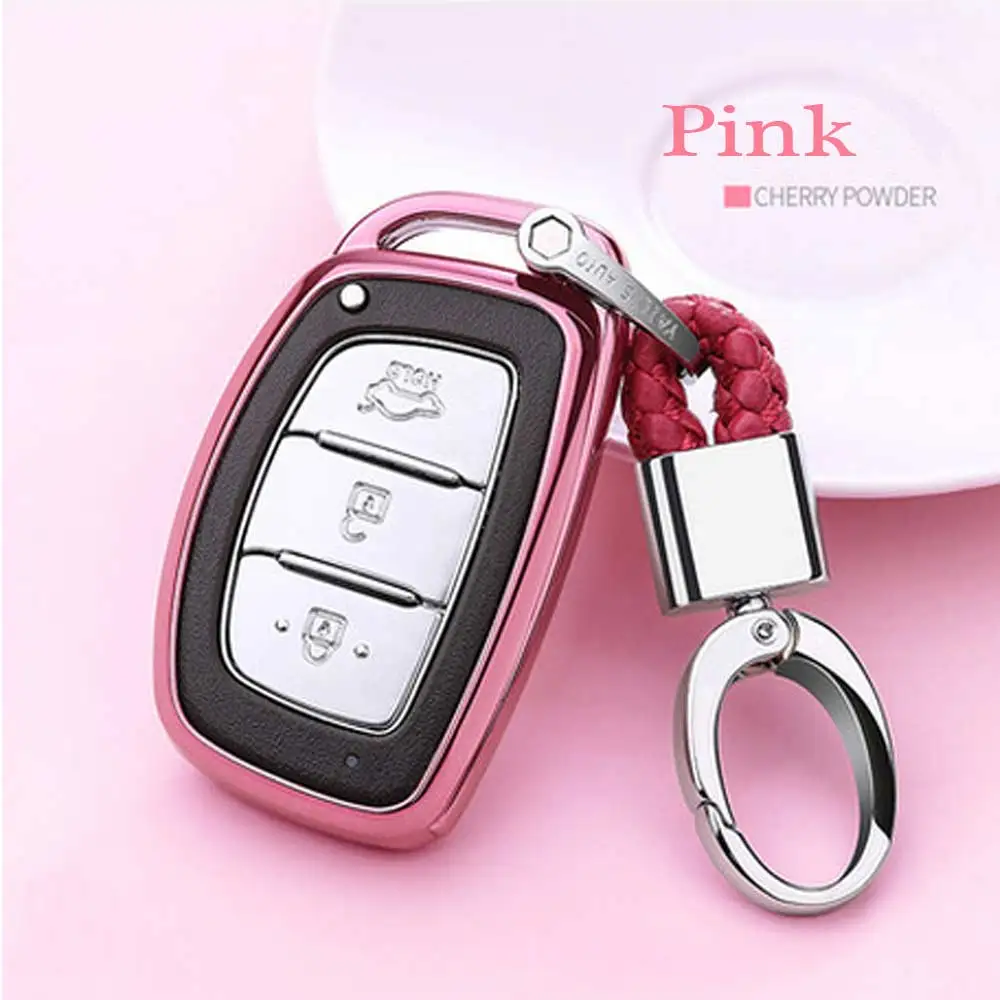 Тпу мягкий чехол для автомобильного ключа крышка оболочки набор для hyundai Creta I10 I20 Tucson Elantra Santa Fe - Название цвета: Pink-Metal snap