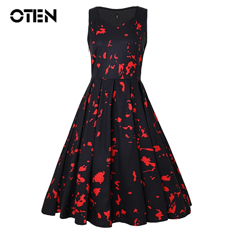 

OTEN 2018 Stylish Summer Sleeveless Printed Casual Vintage Retro A Line Knee Length Midi Skater Pin up dress vestido de festa