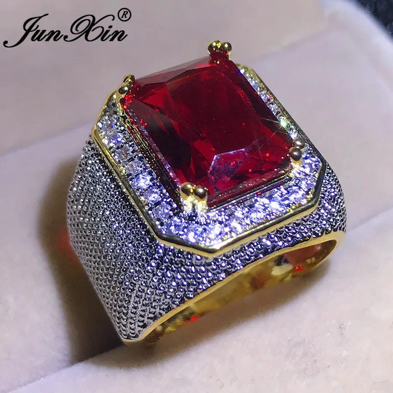 JUNXIN Boho Square Red Stone Big Rings For Men Women Yellow Gold Filled Large Zircon Crystal Engagement Wedding Ring Male Female