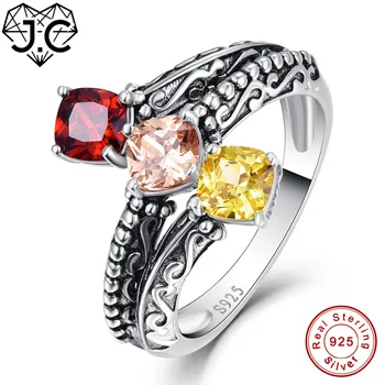 

J.C For Women/Men Classic Princess Green Amethyst & Morganite Blue Garnet Citrine Topaz 925 Sterling Silver Ring Size 6 7 8 9