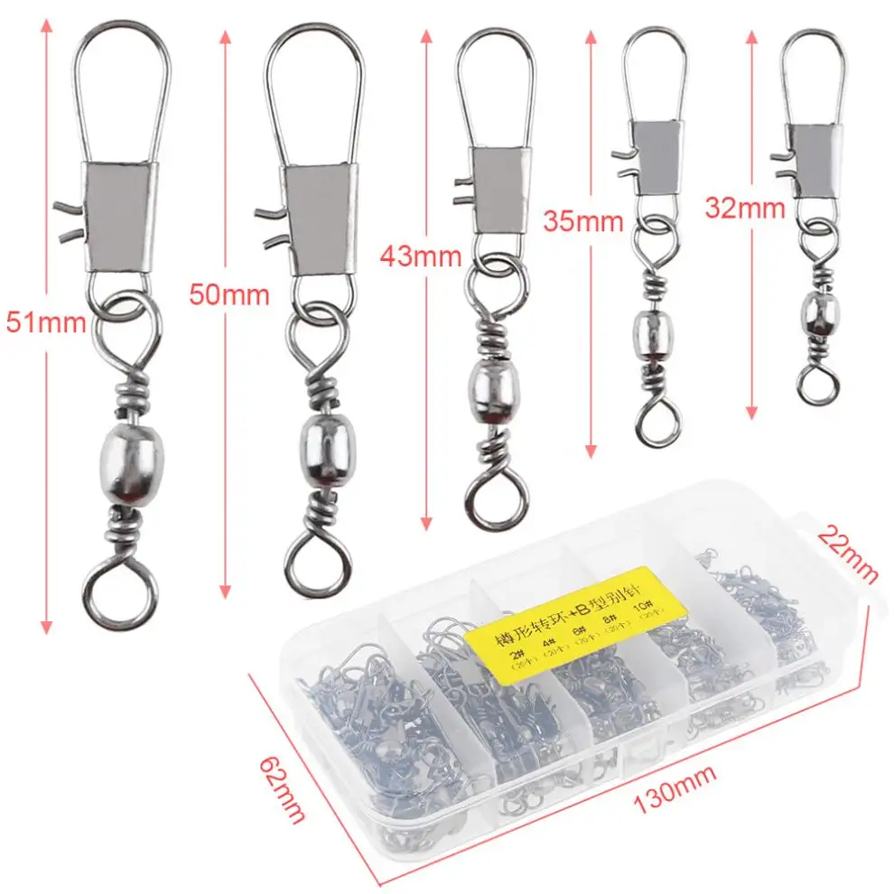 100 шт. Нержавеющая сталь рыболовный шарнир шарикоподшипник замок Вращающийся шарнир для рыбалки разъем 5 размеров смешанные с коробкой