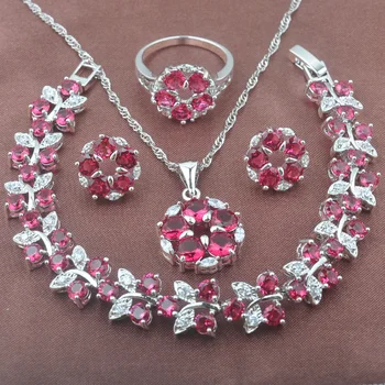

2020 New Rose Red Zirconia Women's Wedding Jewelry Sets Bracelet Silver Color Necklace Pendant Earrings Ring YZ0383