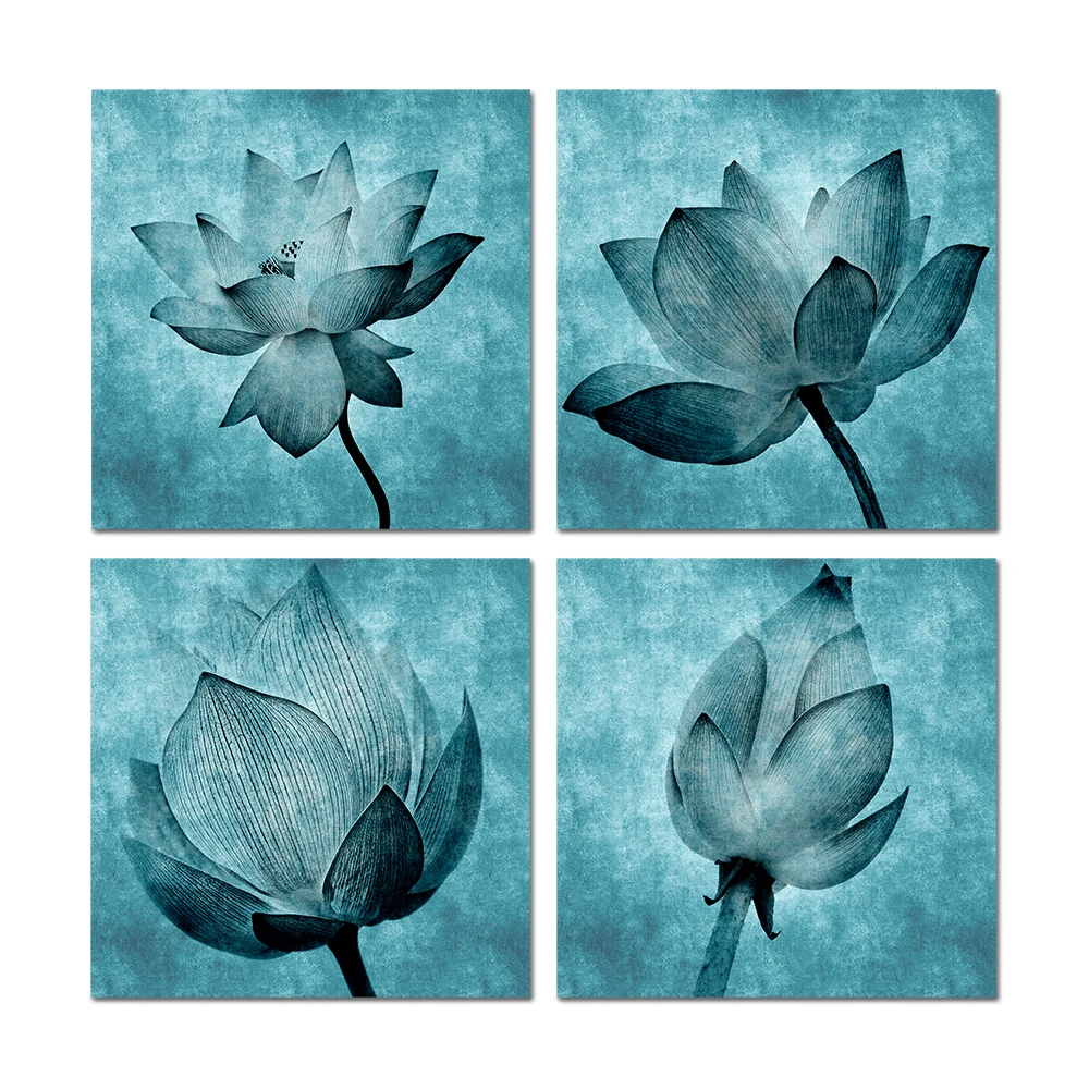 

Visual Art Decor Teal Blue Lotus Flower Bathroom Wall Art Water Lily Artwork Unframed 12"x12"x 4 Pieces