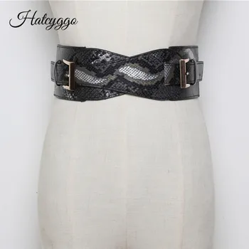 

HATCYGGO Serpentine Waistband Lady Double Gold Buckle Wide Cummerbunds Women Elastic Stretch Waist Belt Coat Decoration Gifts