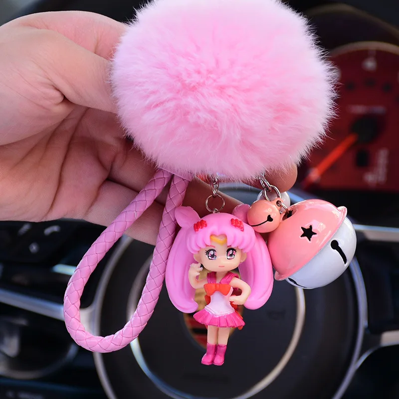 

Cute Pompom Fur Ball Fluffy Keychain Cartoon Sailor Moon Key Chain Rabbit Fur Ball Pompon Porte Clef Fluffy Key Ring Llaveros
