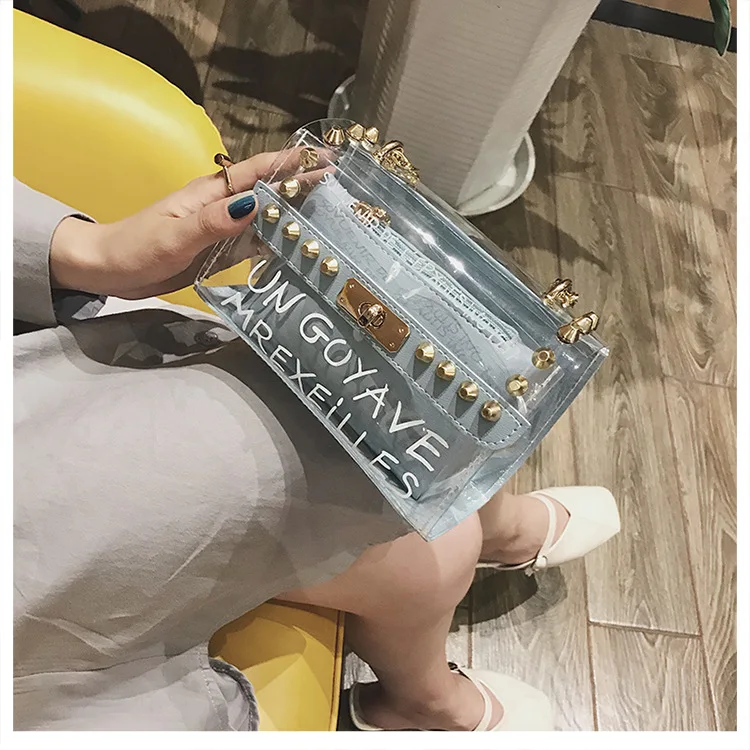 شفافة واضحة المسامير خطابات سلسلة مركب حقيبة الأنثوية أكياس ل 2019 رفرف النساء Crossbody حقيبة الإناث حقيبة كتف #1349