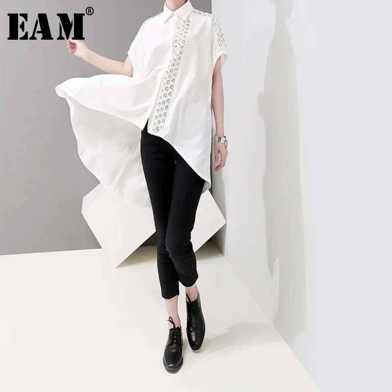 

[EAM] 2019 New Spring Summer Lapel Short Sleeve Back Long Big Size Irregular Hem Hollow Out Shirt Women Blouse Fashion JU288