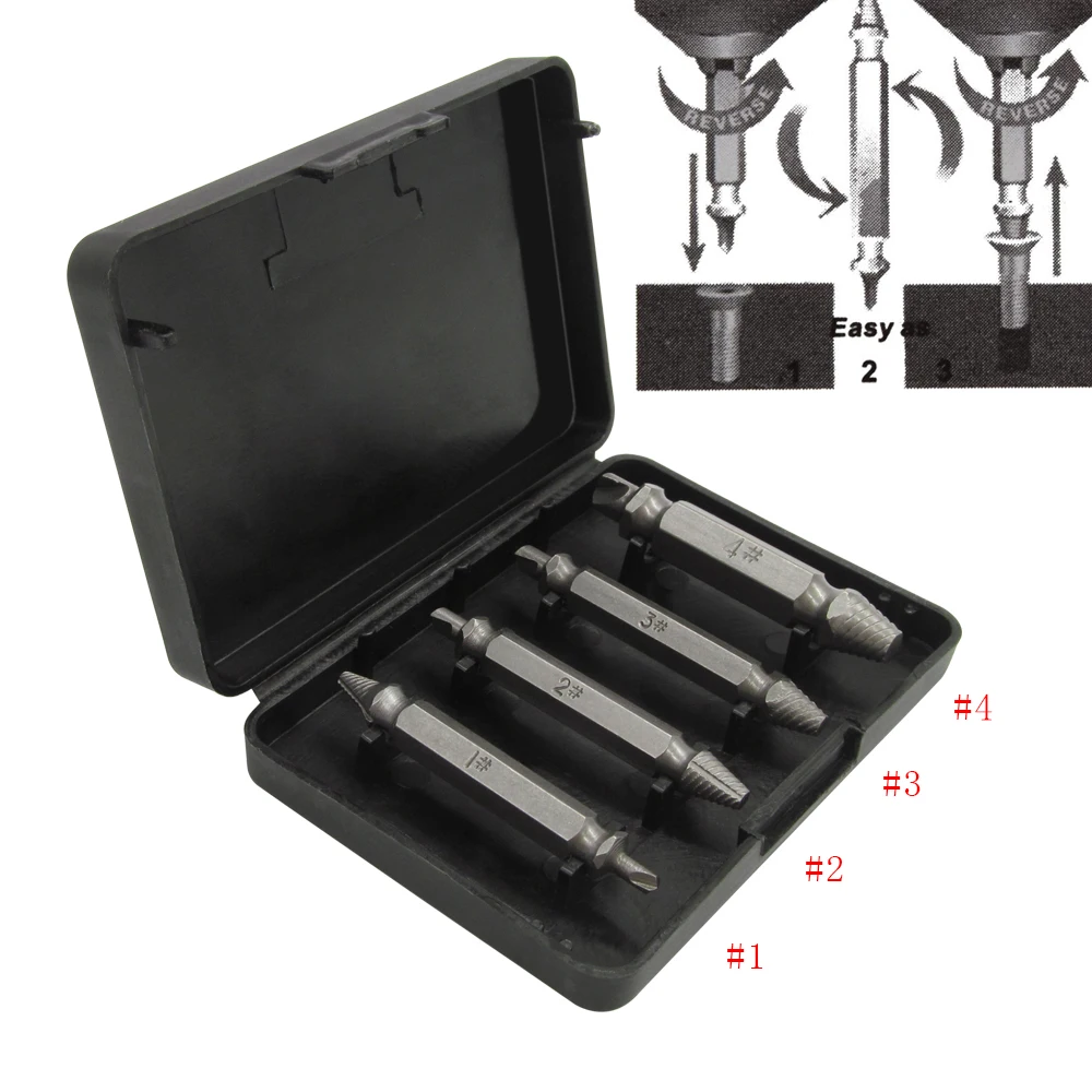 4Pcs Screw Extractor Drill Bits Guide Set Broken Damaged Bolt Remover Double Head Broken Stud Stripped Screw Removal Tool Case