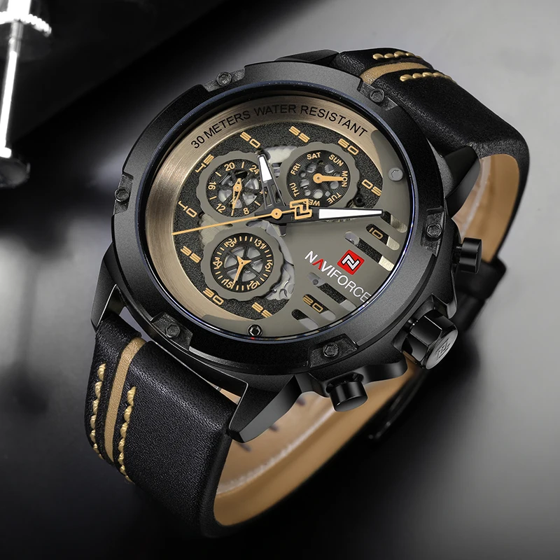 Online NAVIFORCE Luxus Marke Uhren Männer Sport Leder 24 stunde Datum Quarzuhr Mann Wasserdichte Uhr männer Armee Militär Handgelenk uhr