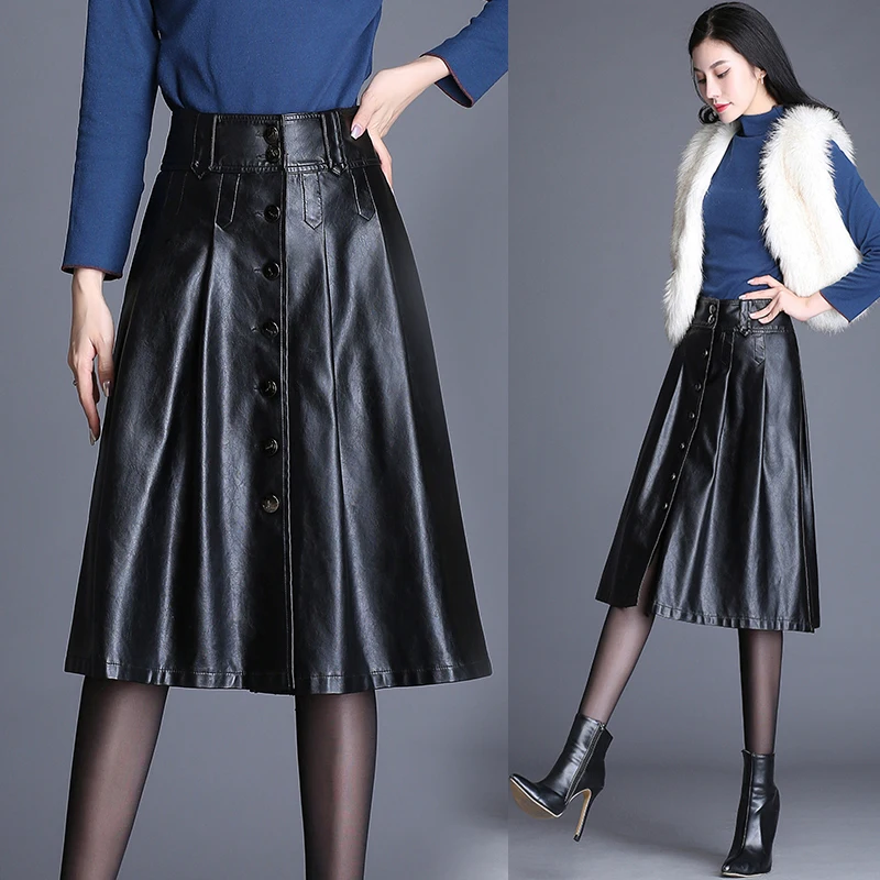 Winter Fall Fashion Women High Waisted Korean Buttons Black Pu Leather