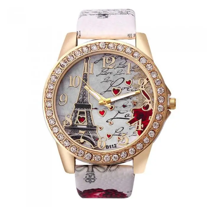 Модные женские часы из искусственной кожи с ремешком, часы с Эйфелевой башней и кристаллами, повседневные кварцевые часы, наручные часы, подарки, LXH