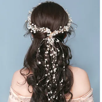 

KMVEXO Korean Handmade Crystal Pearl Long Tiaras Wedding Headband Headpiece Bridal Hair Piece Prom Pageant Accessories Girl Gift