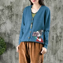 Johnature, Женский вязаный хлопковый свитер, милый кардиган с карманами, v-образный вырез, длинный рукав, осенний свитер, новинка, 5 цветов, женские свитера