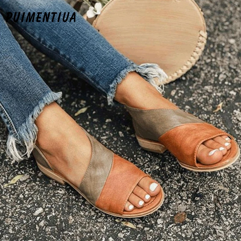

CALOFE Flat Gladiator Women Sandals PU Leather Summer Causal Shoes Woman Peep Toe Low Heels Sandalias Plus Size Plus Size