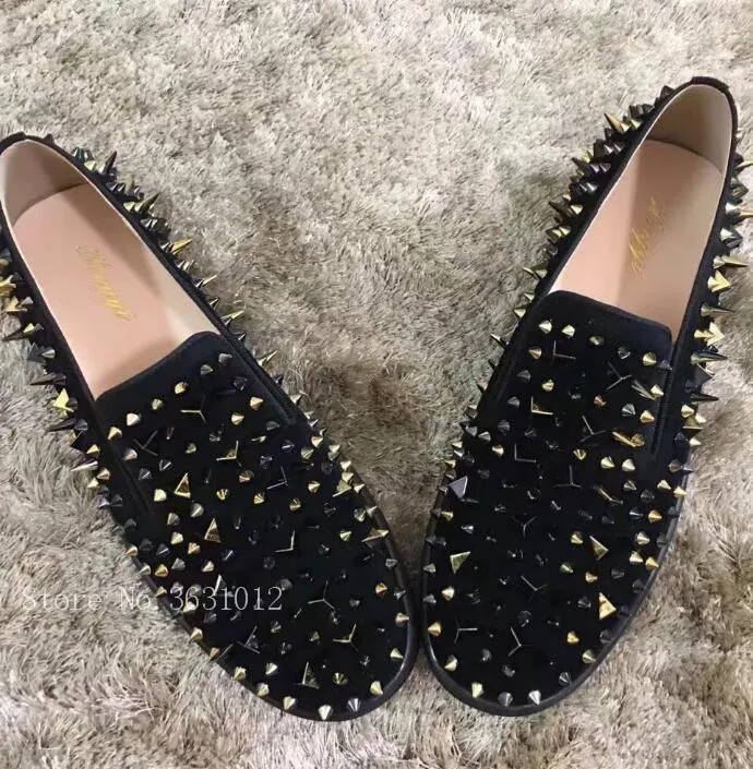 

2018 New Arrival GoLd Mixed Triangular Spike Rivets Fashion Sexy Elastic Band Slip On Platsform Men Shoes Loafers Flats Sapatos