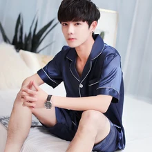 2019 Two-Piece Short sleeve silk men sleepwear suit Solid Blue satin men pajama sets pajama man summer pyjama male Plus Size XXL 2019 Two-Piece Short sleeve silk men sleepwear suit Solid Blue satin men pajama sets pajama man summer pyjama male Plus Size XXL