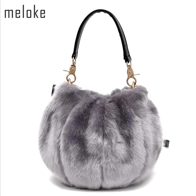 Meloke 2018 Winter Soft Faux Fur Bag Small Women Fur Tote Bag Warm