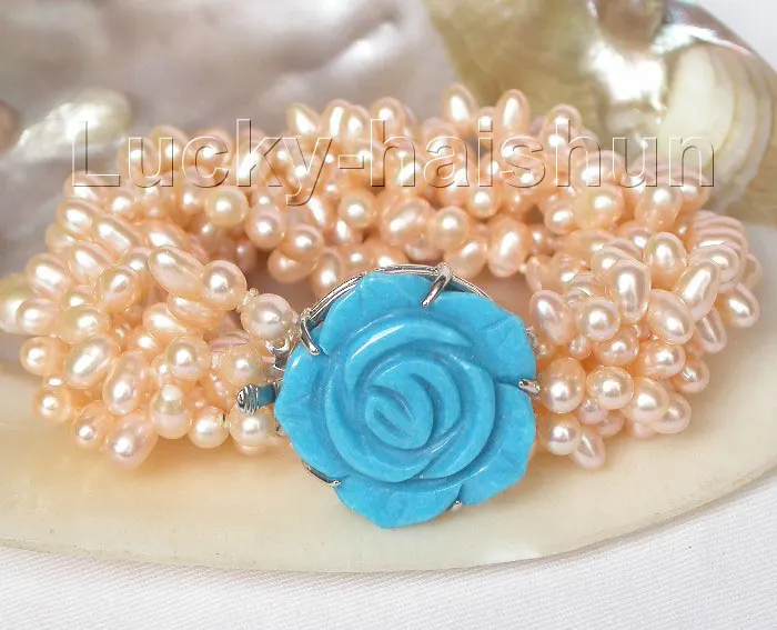 

Free Shipping >> new hot Genuine 8" 6 Strand 6 row rice pink freshwater pearl bracelet j8251