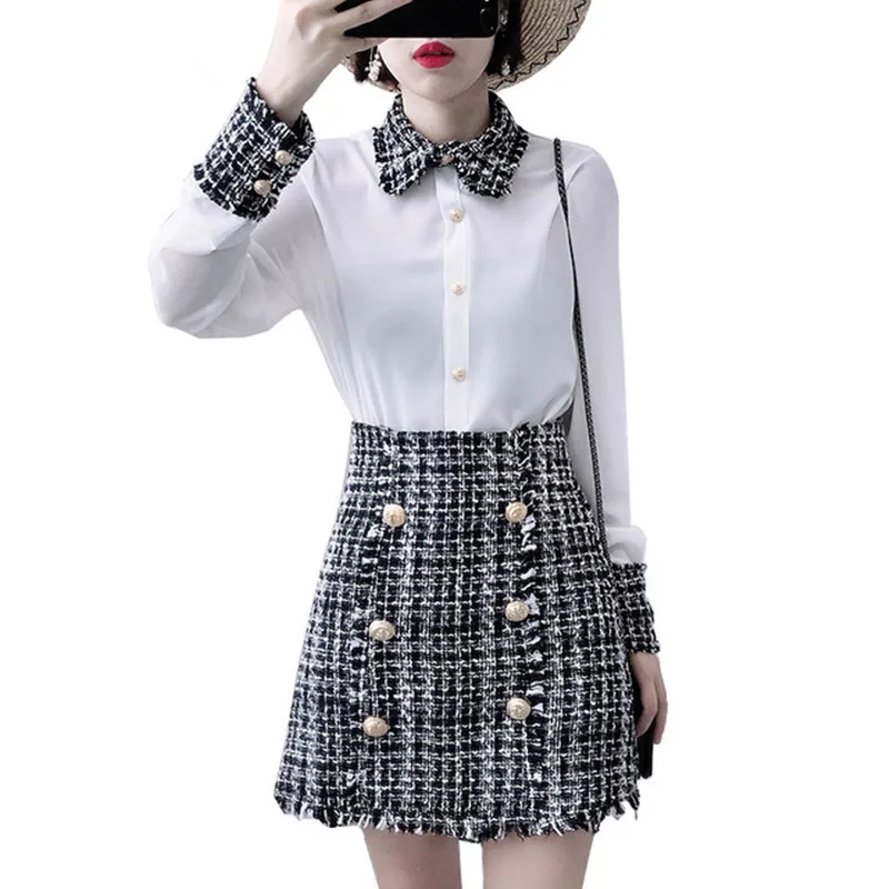 

High Quality Dress Set Fashion Elegant Women Tweed Tassels Splice Chiffon Shirt Top+Gold Double-Breasted Woolen Mini Skirt Suit