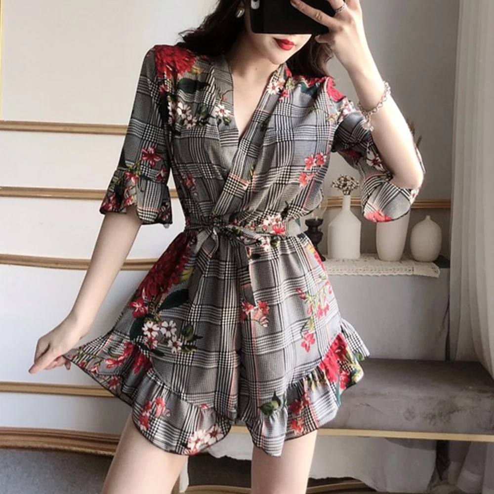 FTGSDLONG Summer Bohemian Rompers Women Casual Floral Printed Jumpsuit Ladies Ruffles Sexy V Neck Beach Playsuit Plaid Jumpsuits FTGSDLONG Summer Bohemian Rompers Women Casual Floral Printed Jumpsuit Ladies Ruffles Sexy V Neck Beach Playsuit Plaid Jumpsuits