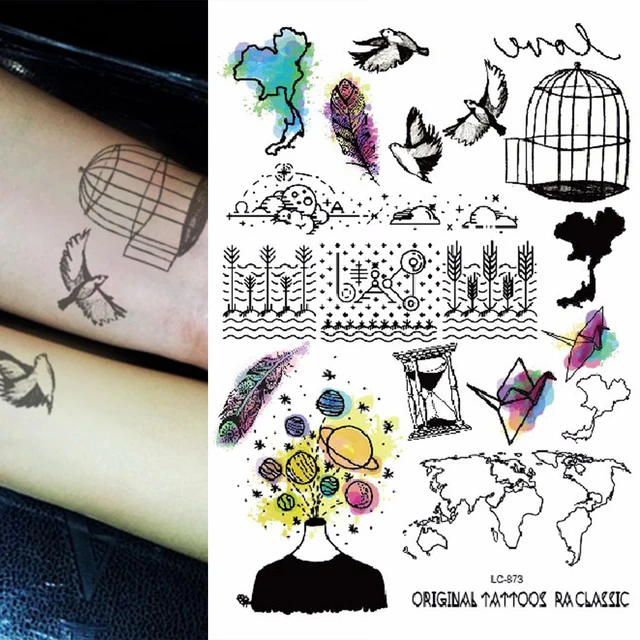 1sheet Multi-style 25models Trendy Temporary Tattoos World Map Birds Birdcage Feather Arm Tattoo Sticker Colored Tatuagem 1sheet Multi-style 25models Trendy Temporary Tattoos World Map Birds Birdcage Feather Arm Tattoo Sticker Colored Tatuagem