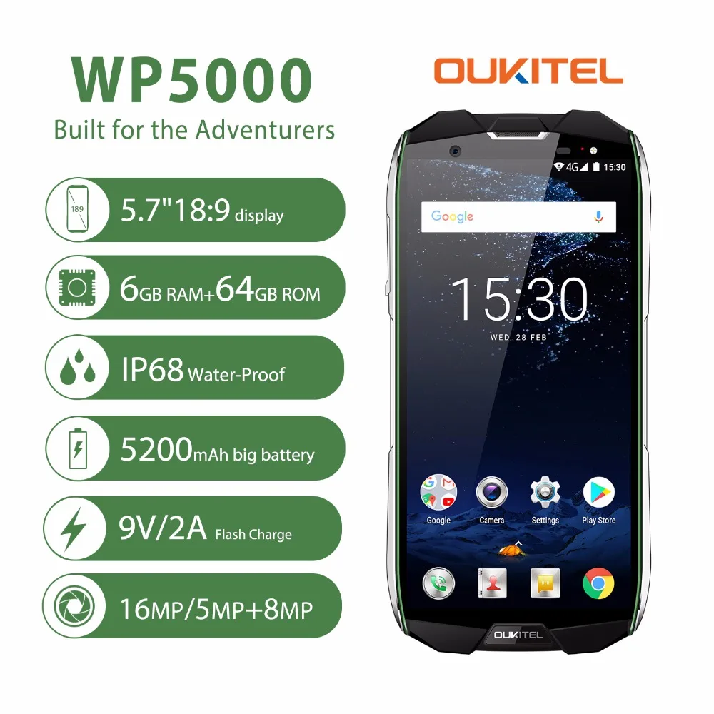 Oukitel WP5000 Водонепроницаемый IP68 5 7 &quotдюймовый 18:9 Дисплей Android 1 MTK6763 Восьмиядерный 6