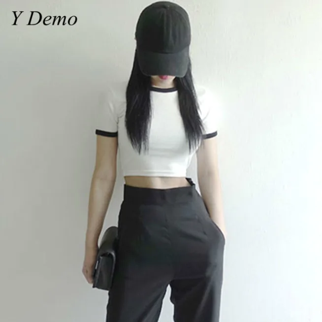 

Summer Casual Short Sleeve Crop Tops Korean Hiphop Color Patchwork T-shirt