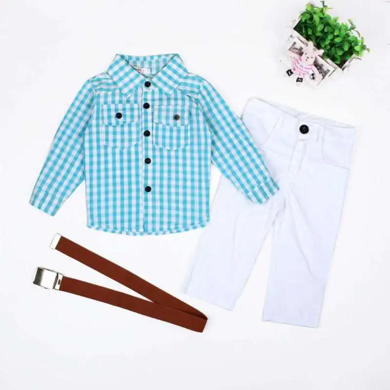 

aby Boy Clothes 2018 Spring New Gentleman Plaid Clothing Suit Newborn Baby Bow Tie Shirt +Trousers +belt 3 pcs