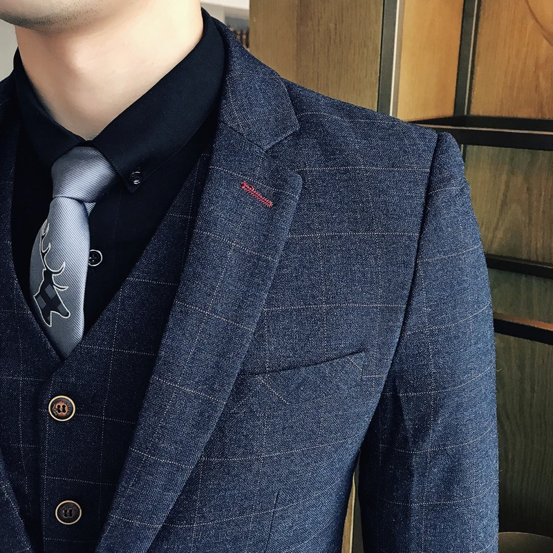 ( Jacket + Pants ) 2018 Spring and Summer New Men's Wedding Fashion Boutique Grid Business Leisure Suits Male Smart Casual Suits