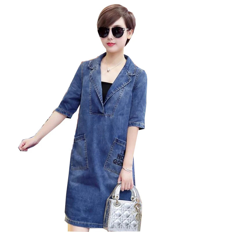 

2019 New Summer Denim dress women Vintage Turn-down Collar Short Sleeve Pockets jeans dresses Loose Casual dress 5XL Plus Size