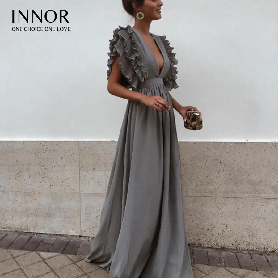 

Elegant deep v neck solid long dresses Ruffles high waist women dresses Evening party female sexy dress vestidos