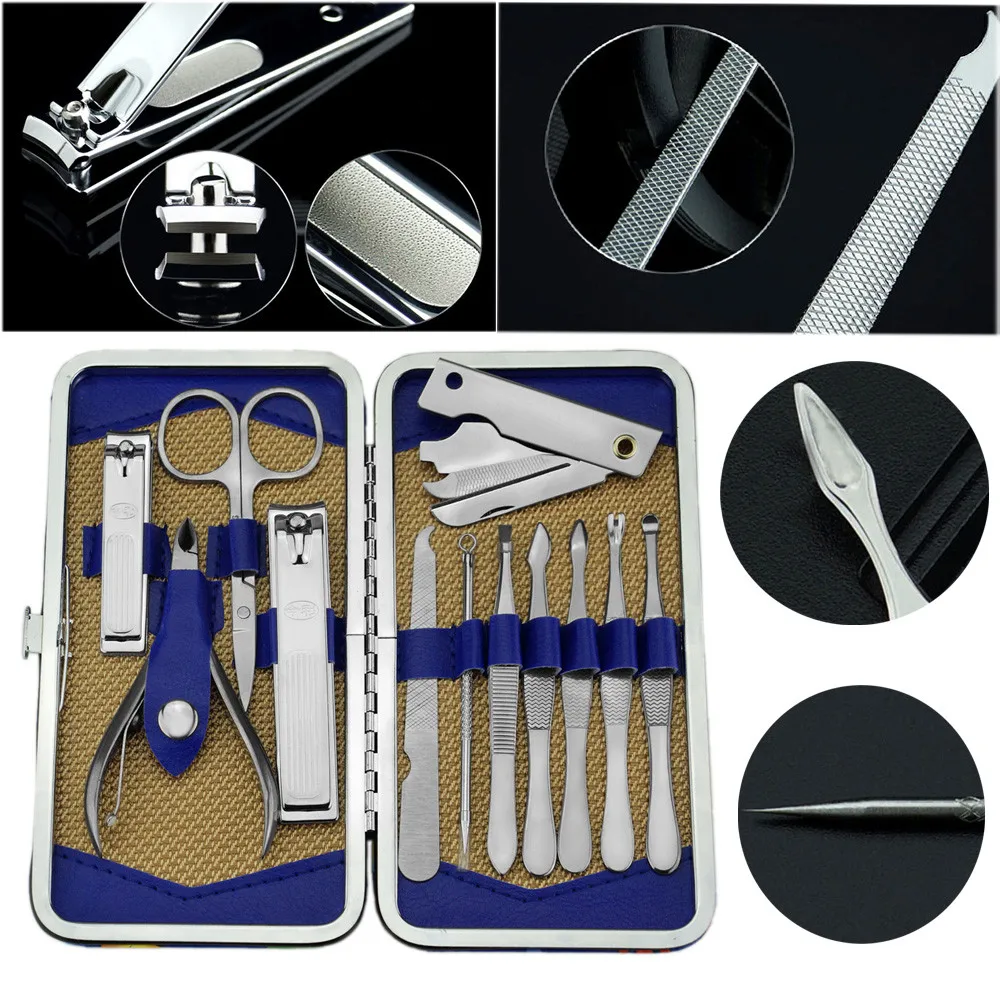 

Beauty Set Silver Stainless Steel 12 PCS Pedicure Manicure Set Nail Clippers Cleaner Cuticle Grooming Kit Case Makeup