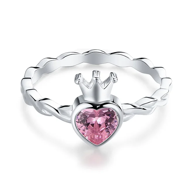 AZIZ BEKKAOUI Real 925 Sterling Silver Pink Heart Rings for Women Sweet Silver Crown Rings for Girl Engagement Jewelry Gift