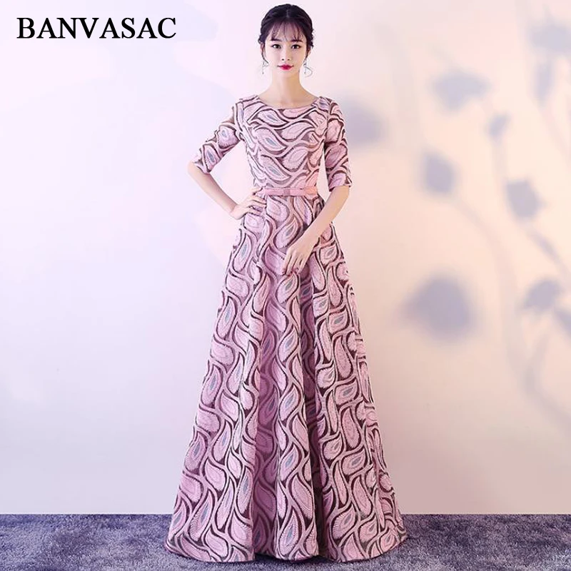 

BANVASAC 2018 O Neck Bow Sash A Line Long Evening Dresses Elegant Party Lace Embroidery Half Sleeve Prom Gowns