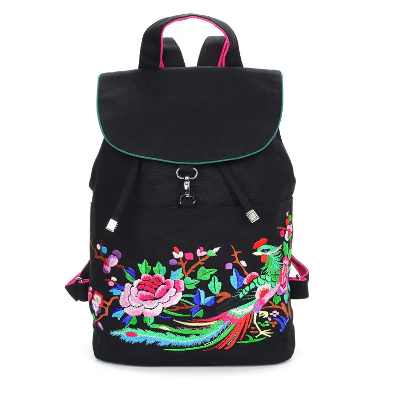 

Original Canvas Black Bolsas Bordadas Etnicas Ethnic Embroidered Bags Embroidery Retro Ethnic Peacock Ladies Drawstring Backpack