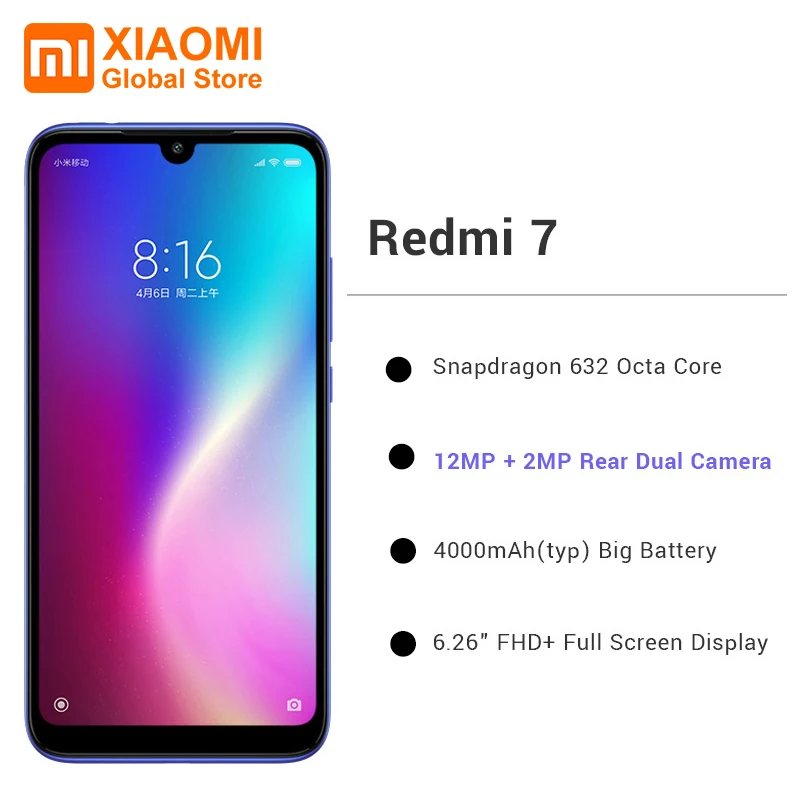 Xiaomi Redmi 7 смартфон с восьмиядерным процессором Snapdragon 632 ОЗУ 3 ГБ ПЗУ 32 6 26 дюйма 12 Мп +