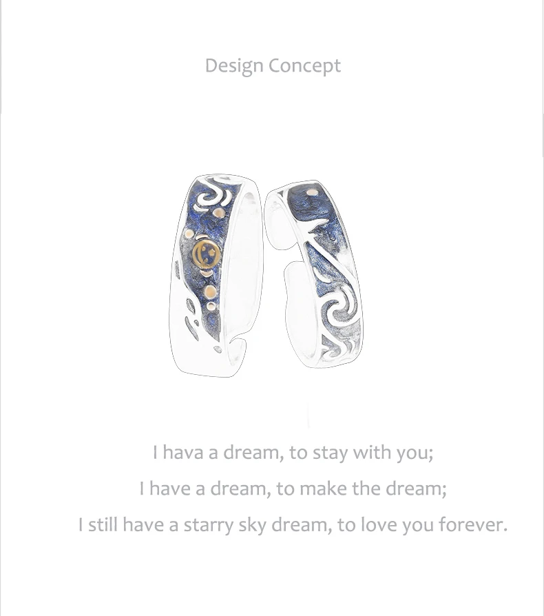 Qevila 2019 Fashion Personalized Rings Customized Van Gogh Enamel Ring 925 Sterling Silver Gold Moon Star Canvas Rings for women (14)
