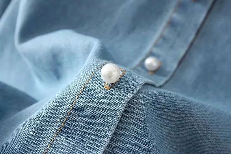 Мори девушка весна Питер Пэн воротник с расклешенными рукавами Твердые свободные джинсовые рубашки женские 45282