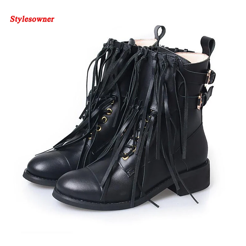 Stylesowner Fringe Mid calf Women Boots Belt Buckle Round Toe Lace Up