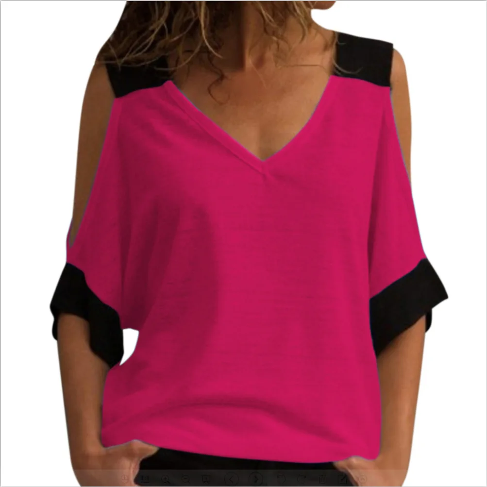 Сексуальная с плеча V шеи Лоскутная Блузка Топы летние женские короткий рукав Свободная Повседневная блузка Blusas плюс размер 5XL - Цвет: Rose