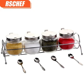 

Kitchenware glass seasoning jar set with a shelf spoon seasoning box 4 sets of glass condiment bottles